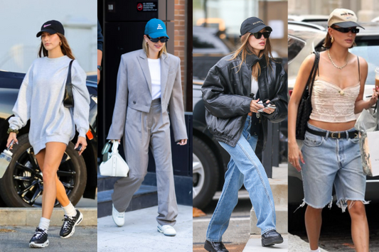 Hailey Bieber effortlessly rocking a baseball cap, styled with her signature blend of casual and chic.